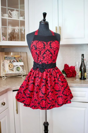 ✤Sugar baby aprons✤　Party Girl ruby red damask apron　F019