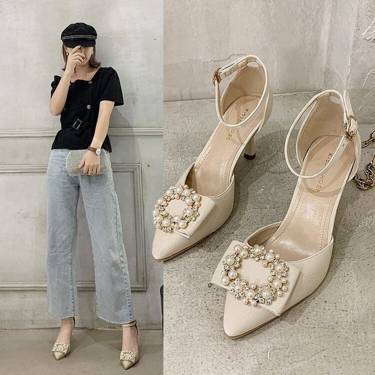 【新作】【送料無料】 かかとの女性の2020年秋の新しいスタイルのワイルドスティレットバックルシングルシューズポインテッドパールホローサンダルトレンド-アリババ 靴 ヒール オータム 秋物 真珠 10b616857966768