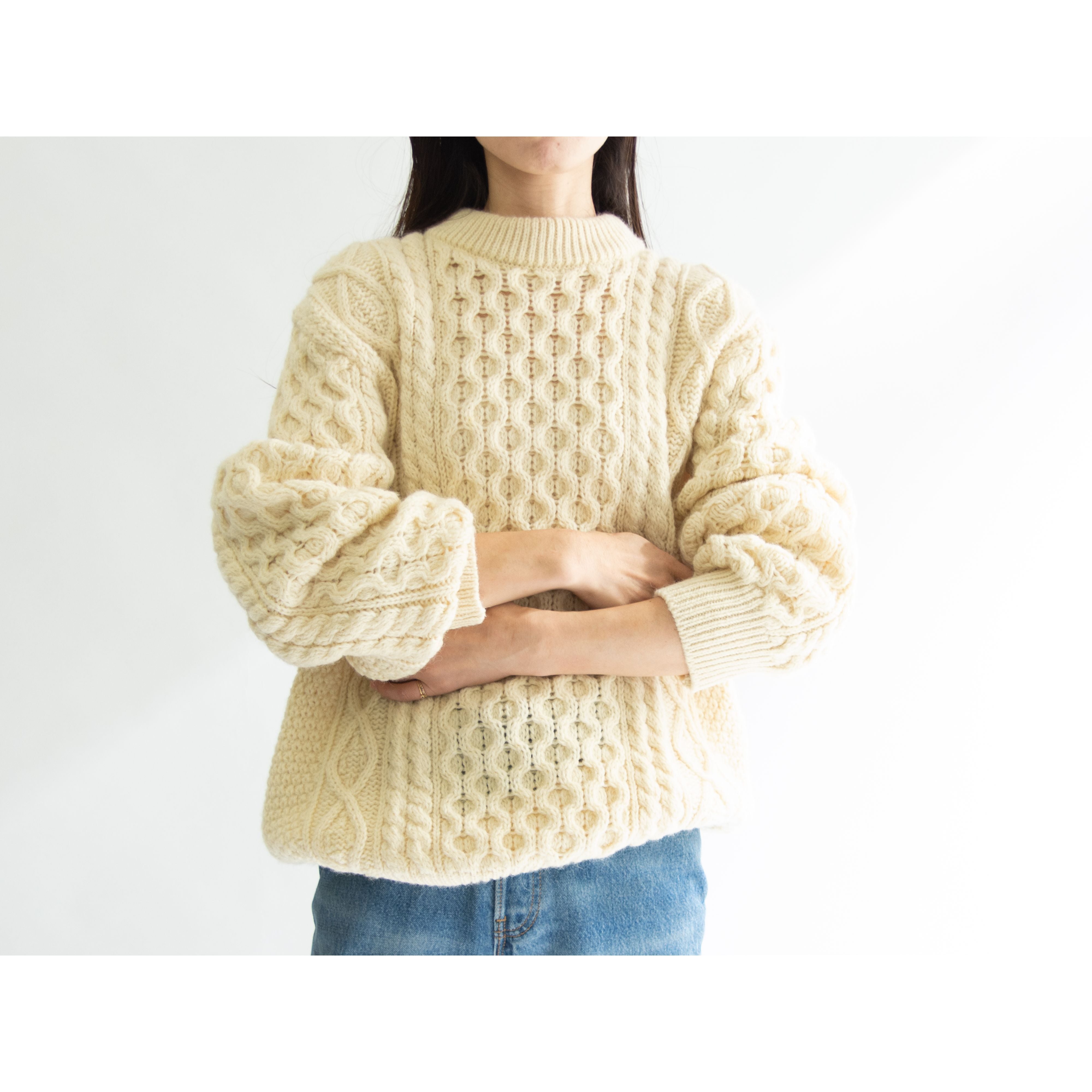 【Niffi】Made in England 100% wool Aran sweater(ニッフィ 英国製 ウールアランセーター クルーネックケーブルニット)12a