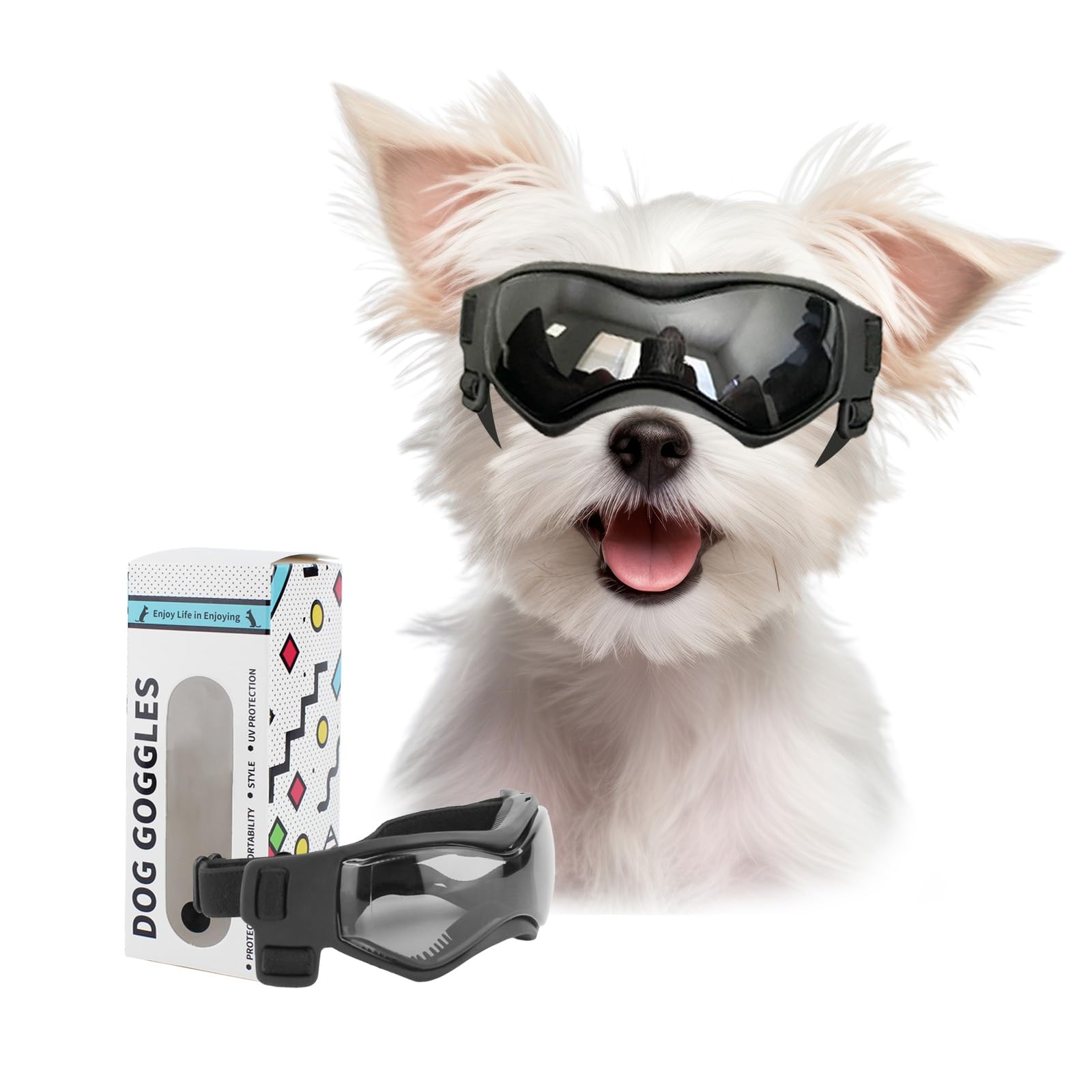 Enjoying 小型犬用サングラス、UV カット 犬 ゴーグル、やわらかい、調整可能、防風防塵 小型犬種 アウトドアゴーグル、目を保護します、ブラック