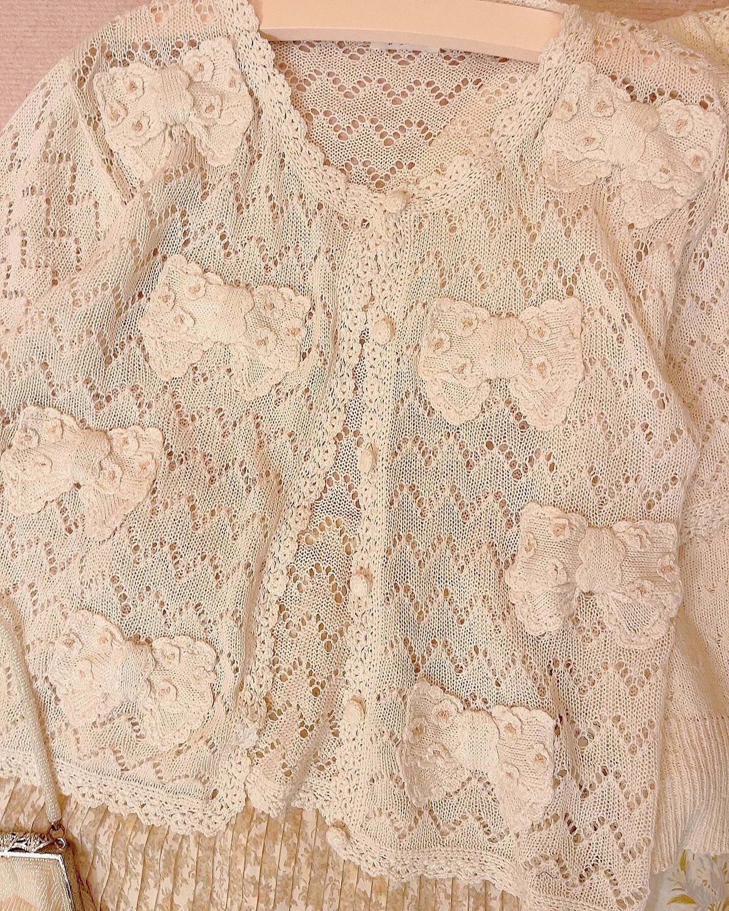 flower ribbon openwork knit cardigan