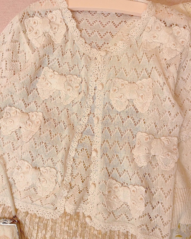 flower ribbon openwork knit cardigan