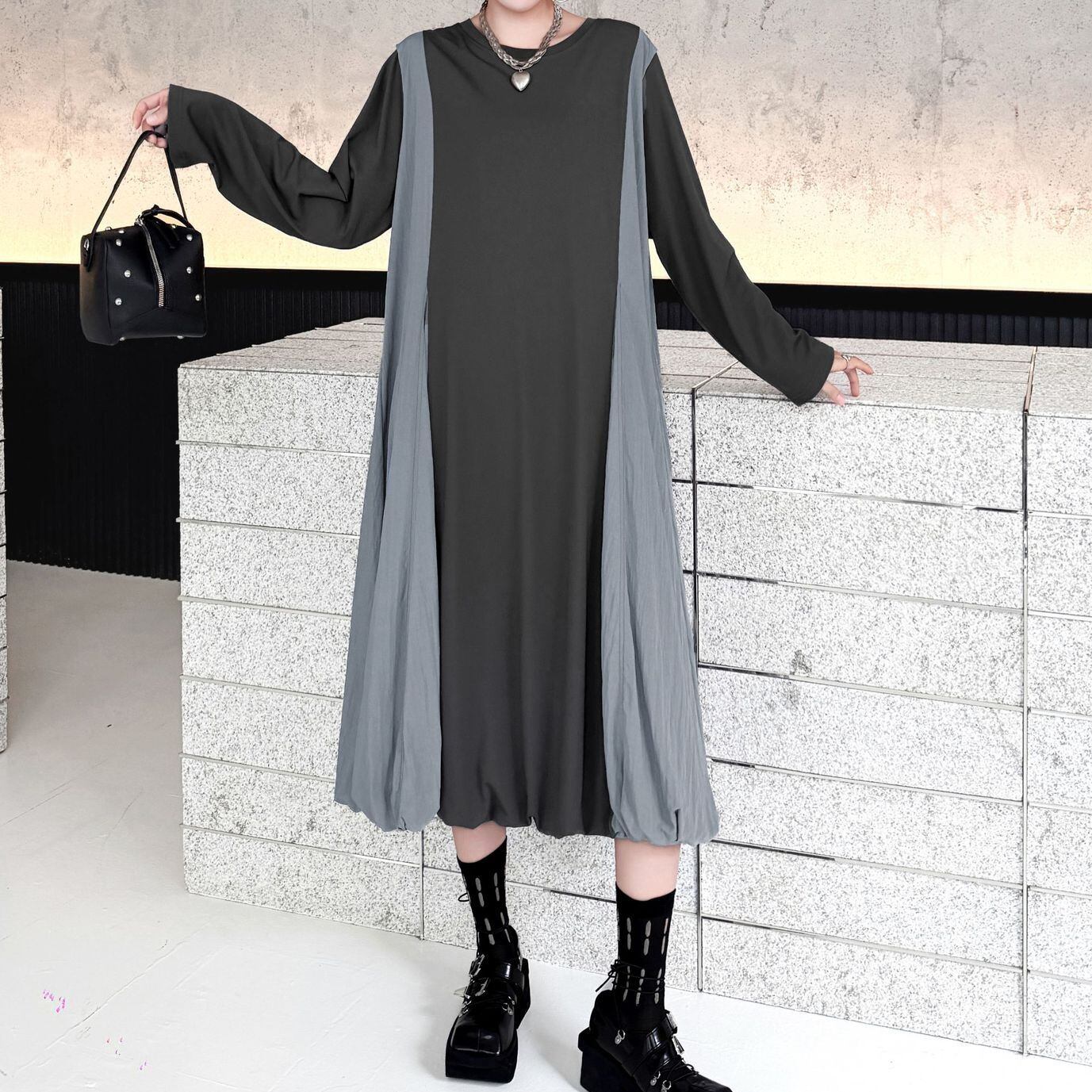 CONTRAST PANEL BALLOON HEM SLEEVE MIDI DRESS M-18583