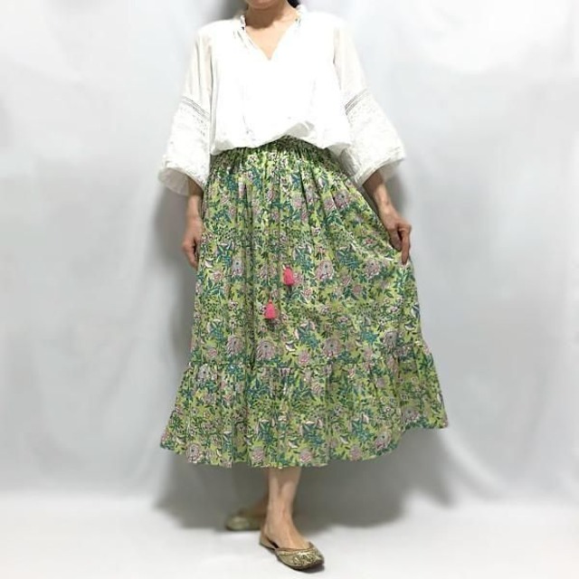 【SALE30％OFF!】 ブロックプリント2段ティアードスカート　ライムグリーン　85cm丈