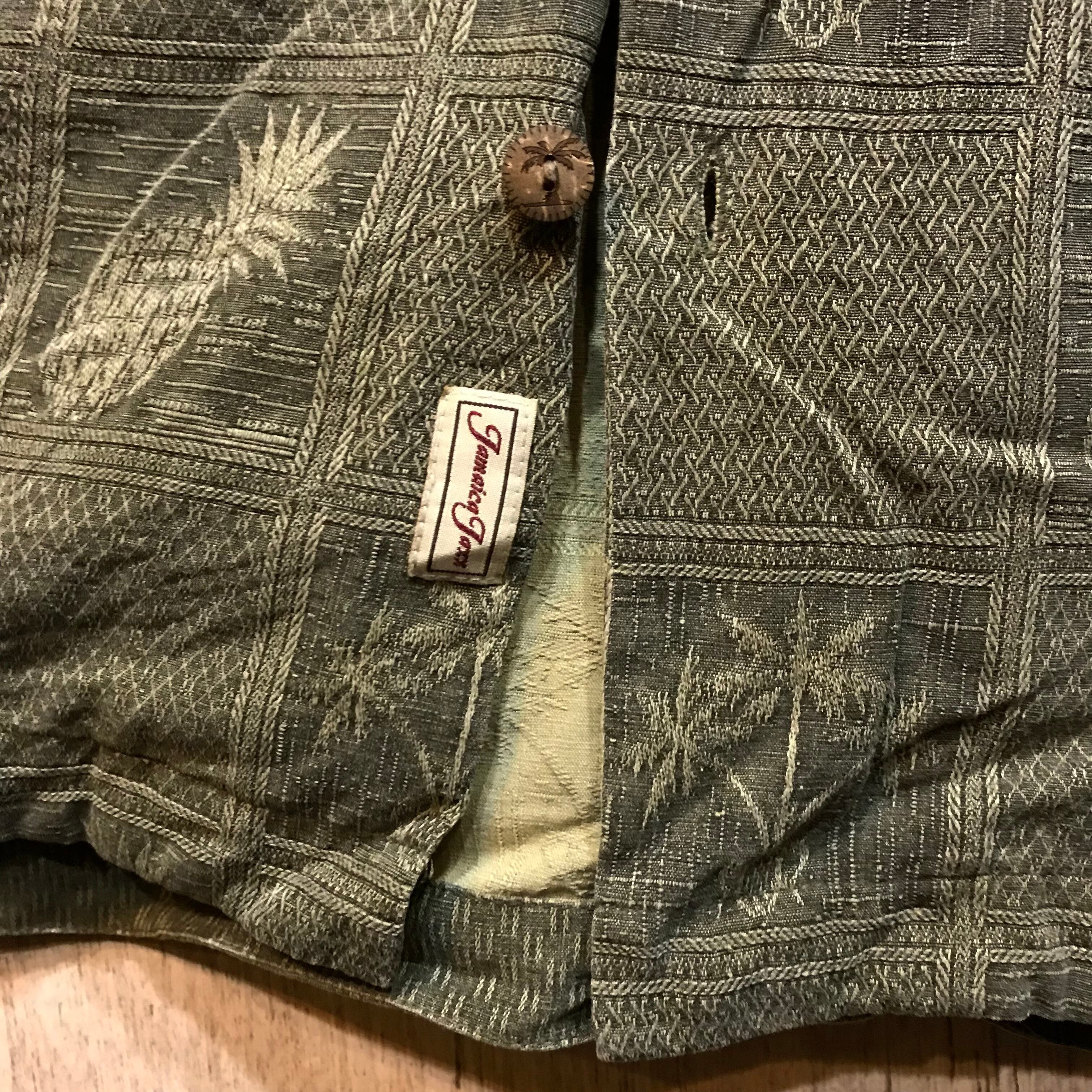 アロハシャツ Jamaica Jaxx バンブー柄 シルク100% 古着 青 茶 (訳