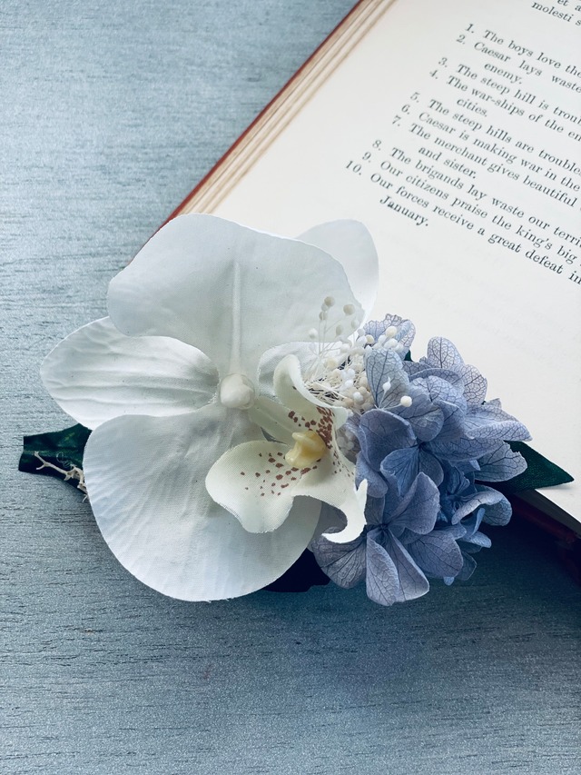 胡蝶蘭とシルキーブルーの紫陽花のコサージュ