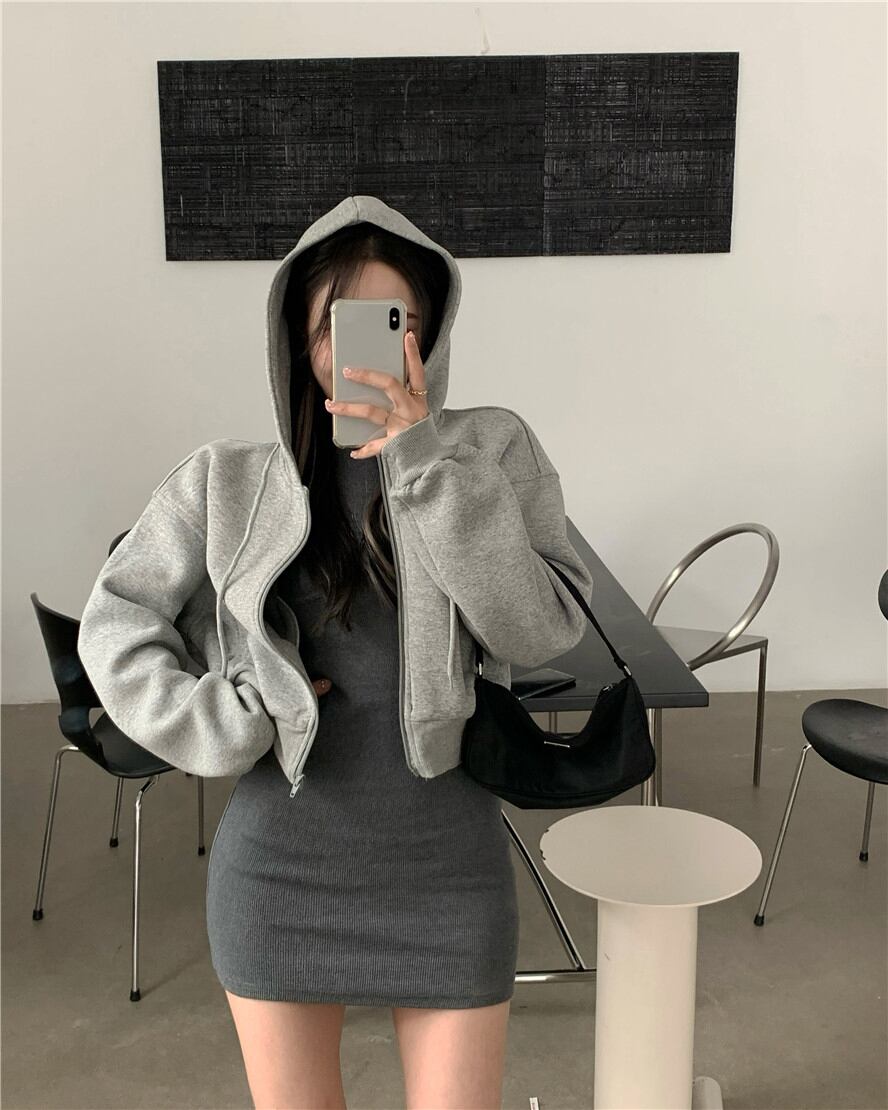 ジッパーグレーフード付きセーターレディース秋ルーズ長袖カーディガンジャケット2020新作クロップドトップ ブラックストロベリース10850457625