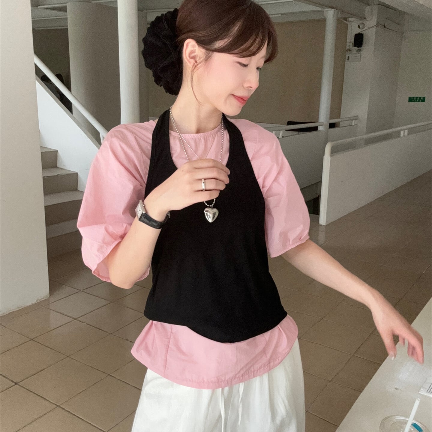 【set】パフスリーブブラウス×ホルターネックトップスセット M32291