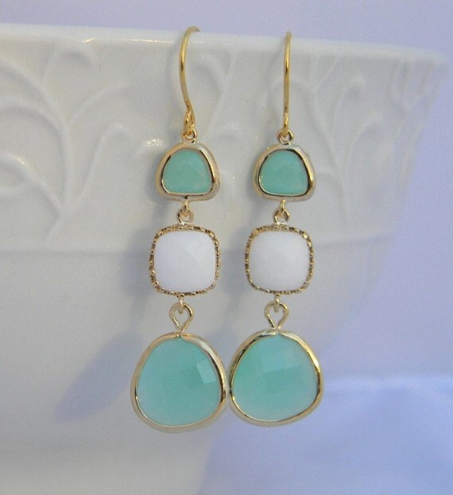 Long Jewel pierced Earrings in Aqua and White Jade