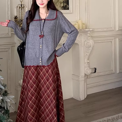 【2点セット】配色ヘムラウンドカラーニットトップス＋バイアスチェックロングスカート ・73978