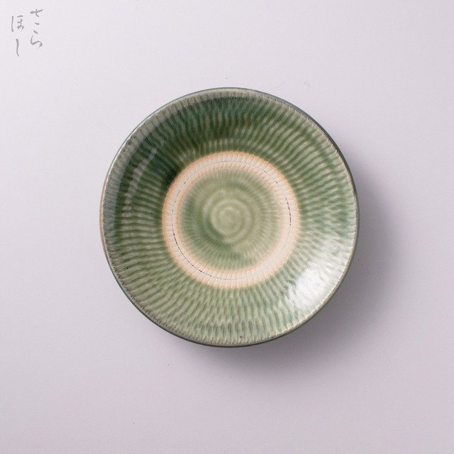 小鹿田焼 小袋窯 5寸皿 地飛び鉋 うす青 直径約15.5cm 中皿 陶器 和食器 民藝
