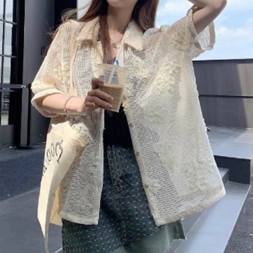 2024春夏トップス カーディガン 羽織 透かし彫り 花柄 ボタン 襟 半袖 ゆったり 細見え 夏 白 ホワイト カジュアル おしゃれ かわいい キュート 韓国ファッション レディース お出かけ