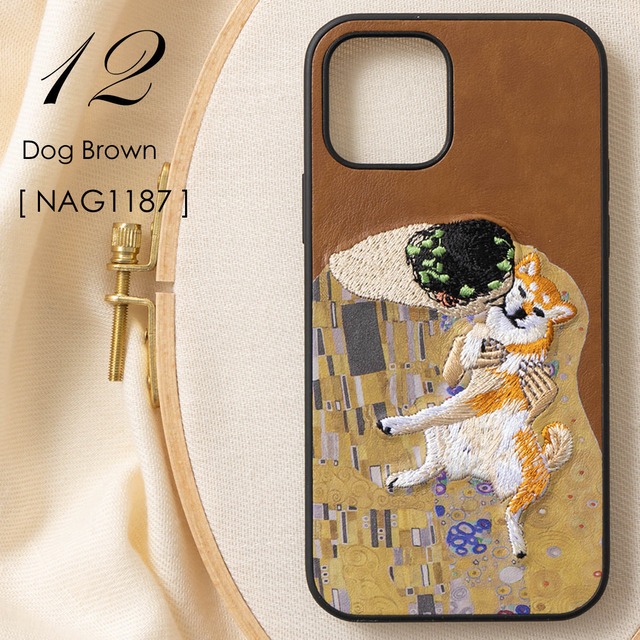 立体刺繍スマホケース iPhone PUレザー 12.Dog Brown