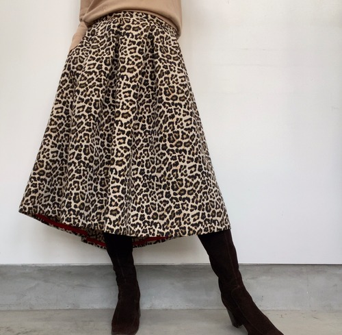 78オリジナルハンドメイド レオパードフランスゴブラン素材タックフレアースカート：¥30,000＋tax