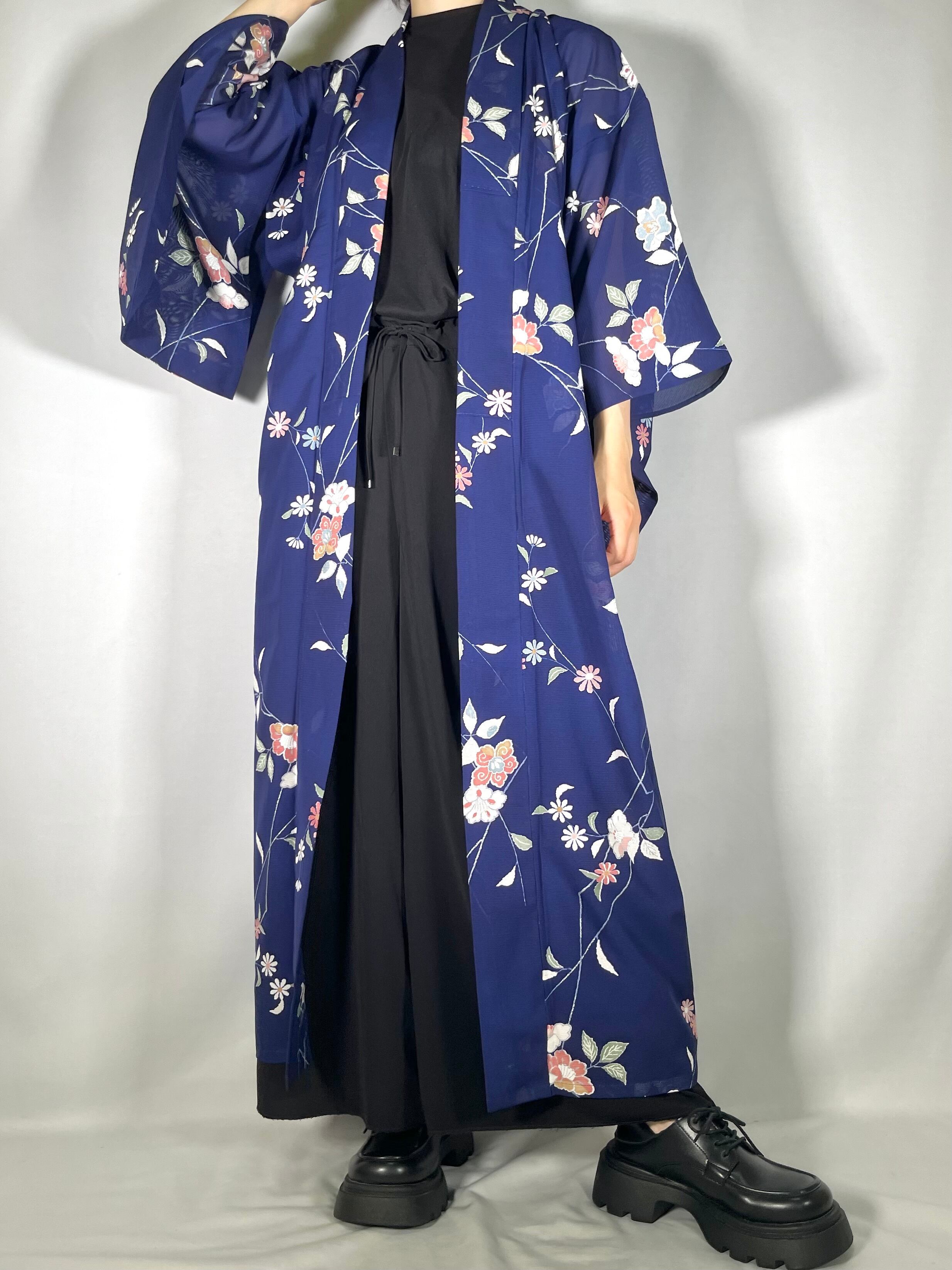 12874】 着物リメイク 夏用着物 透け感 ロングコート 青 花模様 | 羽織 