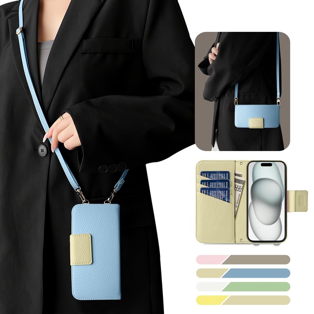 Kahper For AQUOS wish5 ケース 手帳型 ショルダー バイカラー スマホケース wish5 おしゃれ かわいい 女性 レトロ アクオス ウッシュ5 カバー カード収納 シンプル 上品 ウッシュ5 ケース マグネット式 スタンド機能 肌感レザー 携帯ケース SH-52F ストラップ 人気 エレガント レディース 手作(ブルー メ アプリコット)