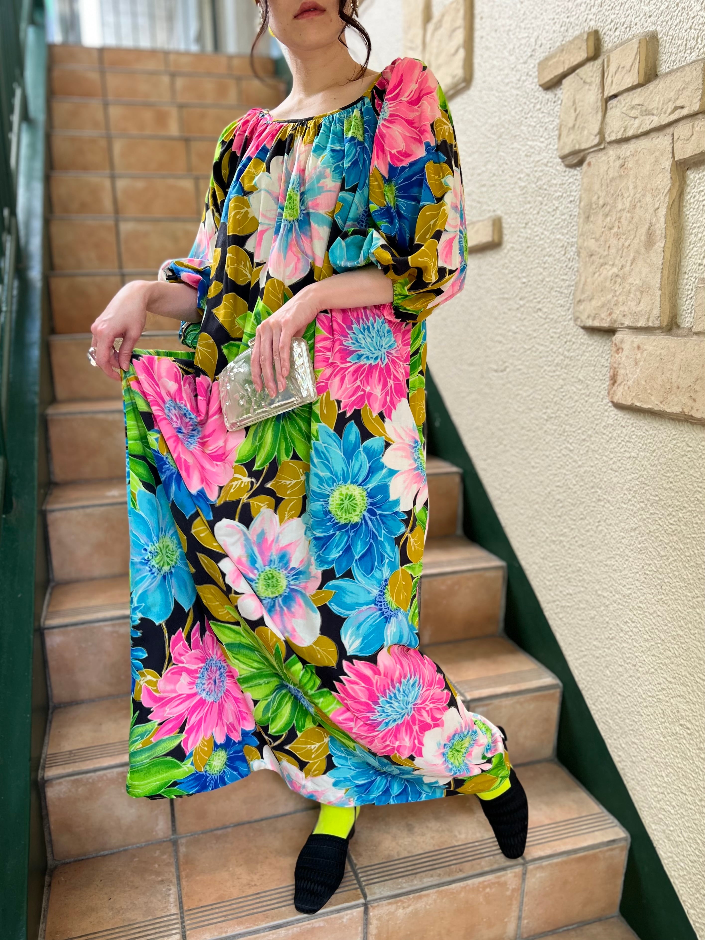 70s hawaiian floral cotton maxi dress ( ヴィンテージ ハワイアン 花 
