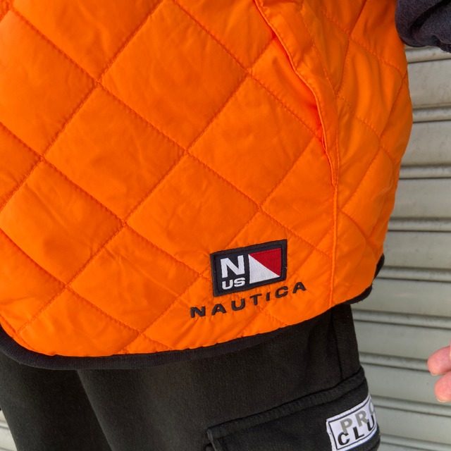 90s nautica キルティングリバーシブルベスト オレンジ カーキ XL