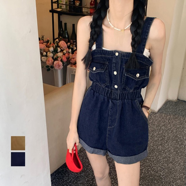 【日本倉庫即納】 デニムサロペットショート丈オールインワン