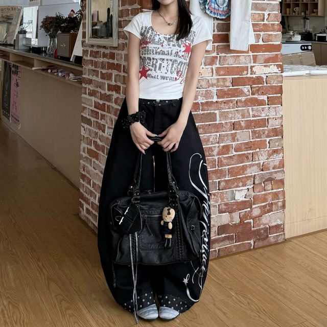 ポルカドットコンビサイドロゴルーズフォルムパンツ 1col R02456