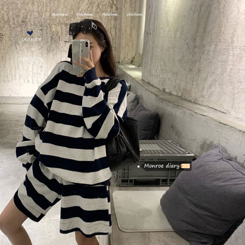 レディースオータムストライプTシャツ トップス ワイドレッグショーツ 秋物 ブルマー ワイドパンツ モンロー87764701442