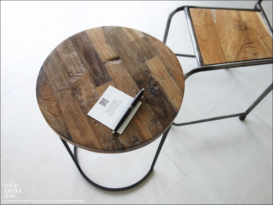 オールドチーク無垢材 サイドテーブルH55 コンソールテーブル 飾り台 花台 古材家具 新品 ナチュラル 鉄脚 銘木家具 Φ40xH55cm 送料無料