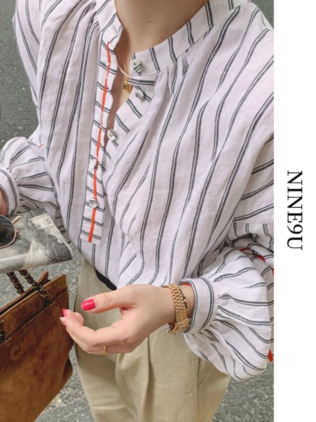 EMBROIDERY striped shirt【NINE3665】