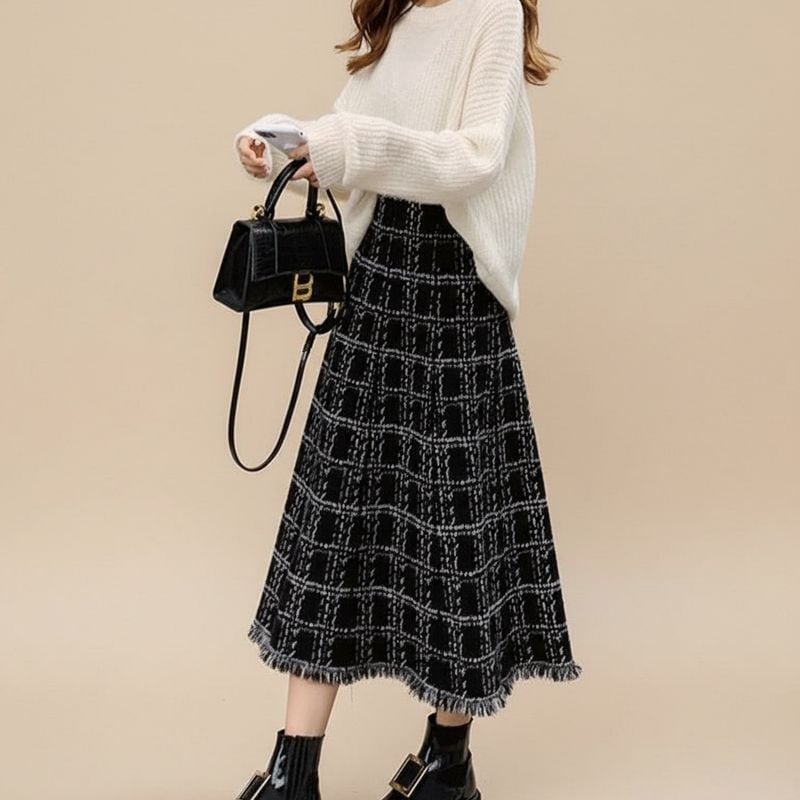 チェック柄ツイードフリンジスカート L1077