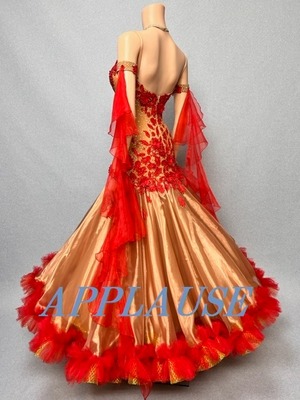 【新着】社交ダンス ドレス　スタンダード　モダンドレス　シャイニーブラウン＆レッド　M　ST-22-42　デモ・競技用ドレス　発表会衣装　パーティドレス　ワンピース　舞台衣装