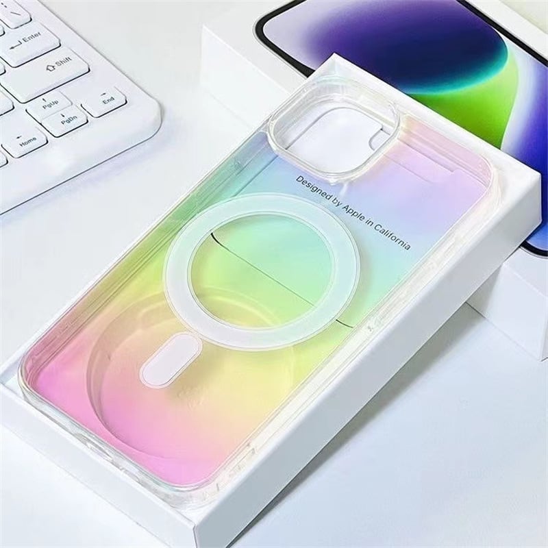 【iPhone全機種対応】美しいオーロラ◎MagSafe対応 グラデーション クリアケース ワイヤレス充電 カメラ保護フレーム 虹色 透明 スマホケース ND-15837
