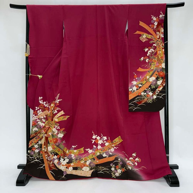 振袖 中古 エンジ 正絹 古典 裄65cm 身丈166.5cm 美品 M サイズ 成人式 4471