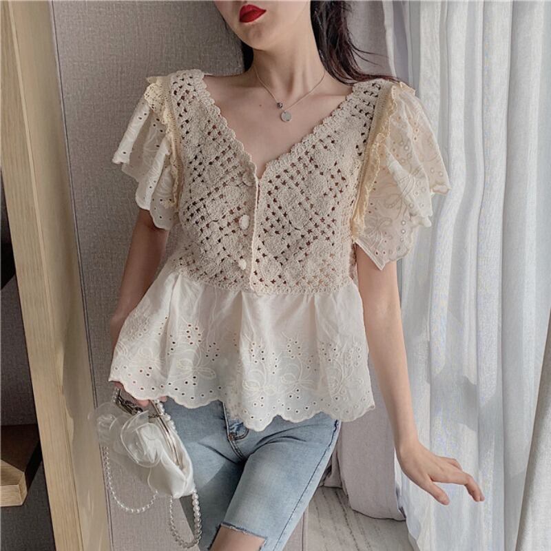 シャツ サマースタイルVネックブラウス レディース 夏物 ハンチェンe83710835710