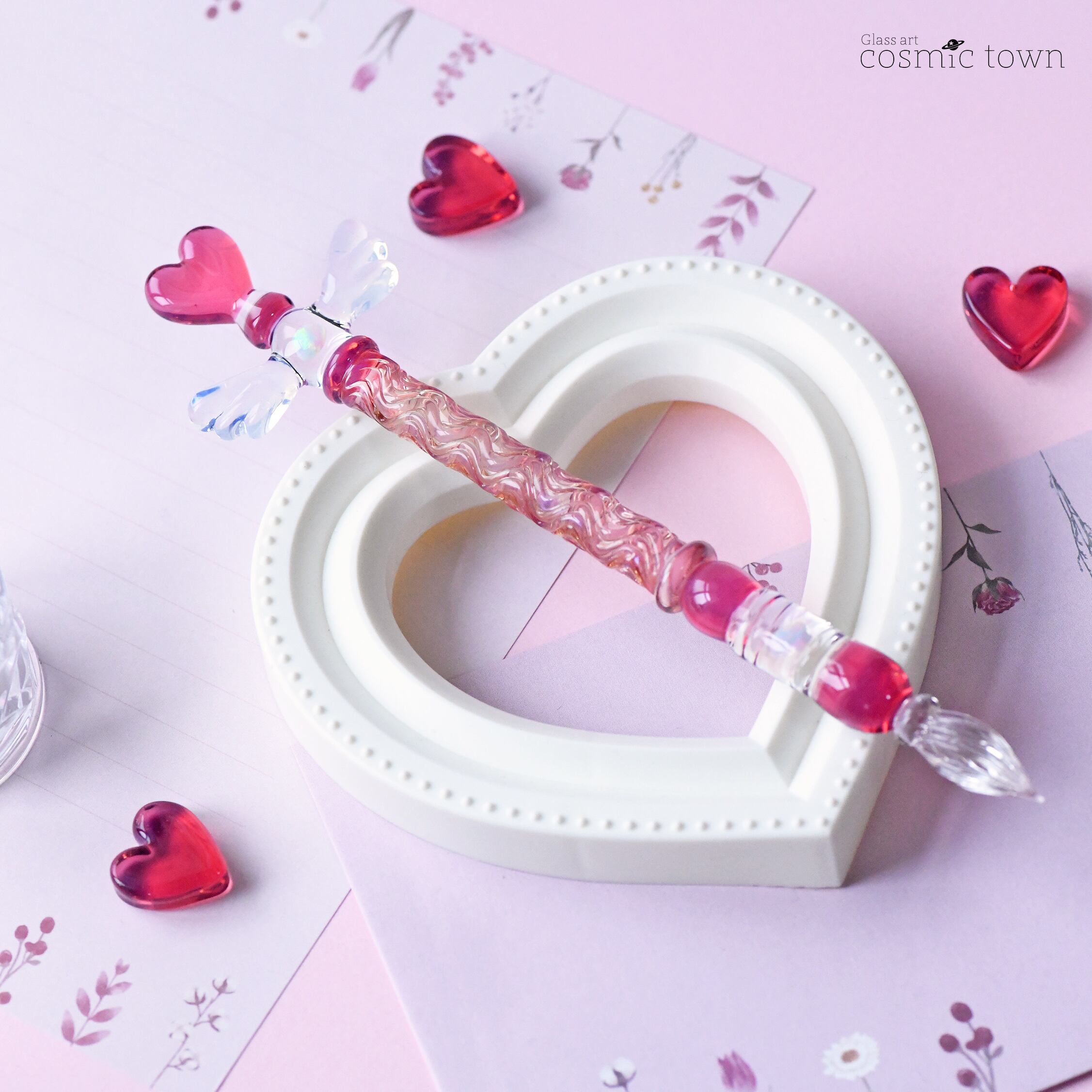 ガラスペン ハート ハートのガラスペン / ウイングver. / ボロシリケイト【オパール2個