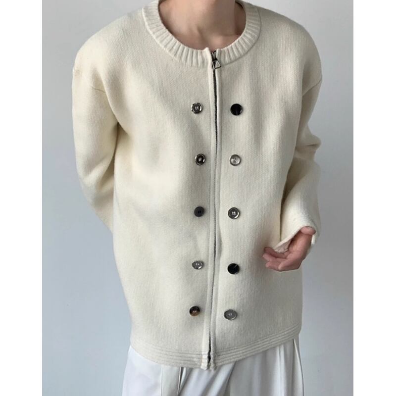 front zip-up button decorated knit cardigan mr0422
