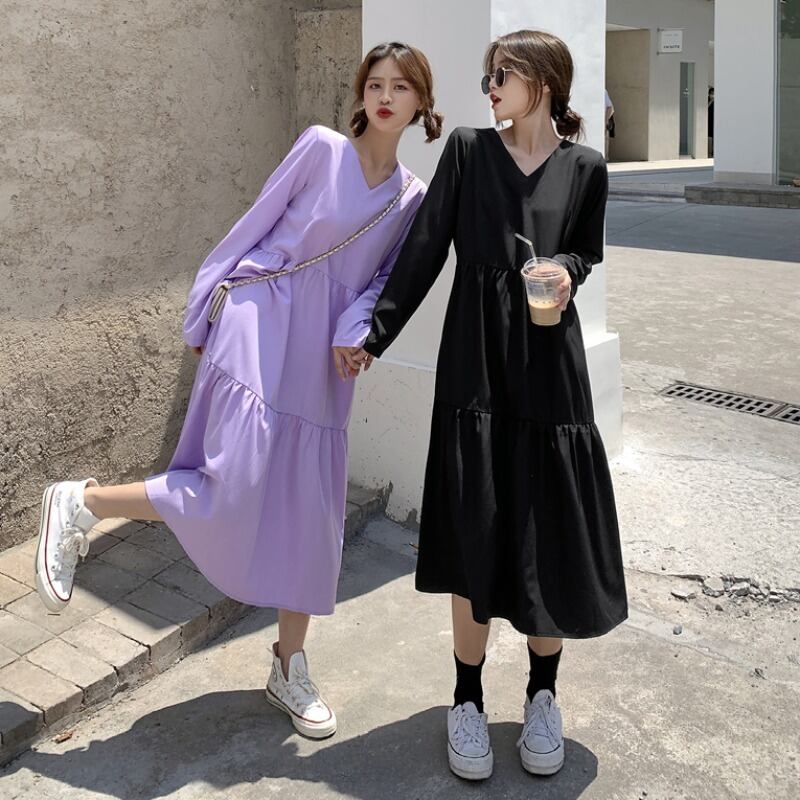 スプリングルーズドレス カラーVネックバックスカート ロング 春物 YY-ファッション56304099113