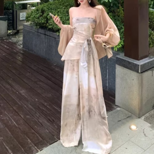 【3点セット】2色／ノットベアトップ＋ワイドパンツ＋シアーカーデ ・14307