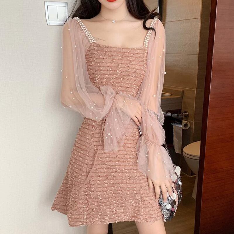 ピンクシアーレイヤードツイードワンピース Honeyant