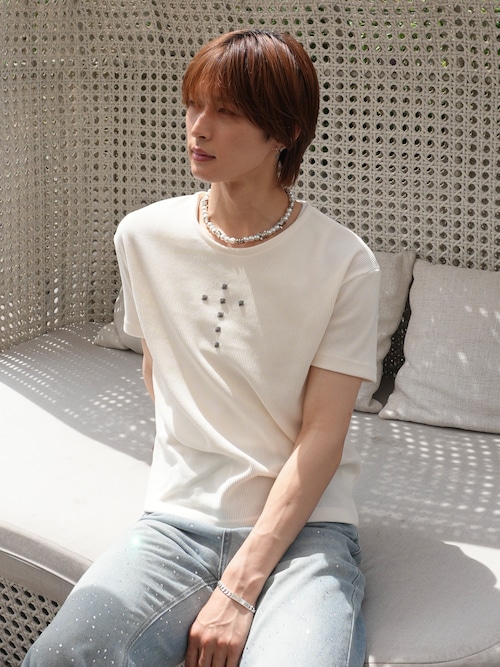 【ALUDE SELECT】studs cross rib short sleeve knit（2color）