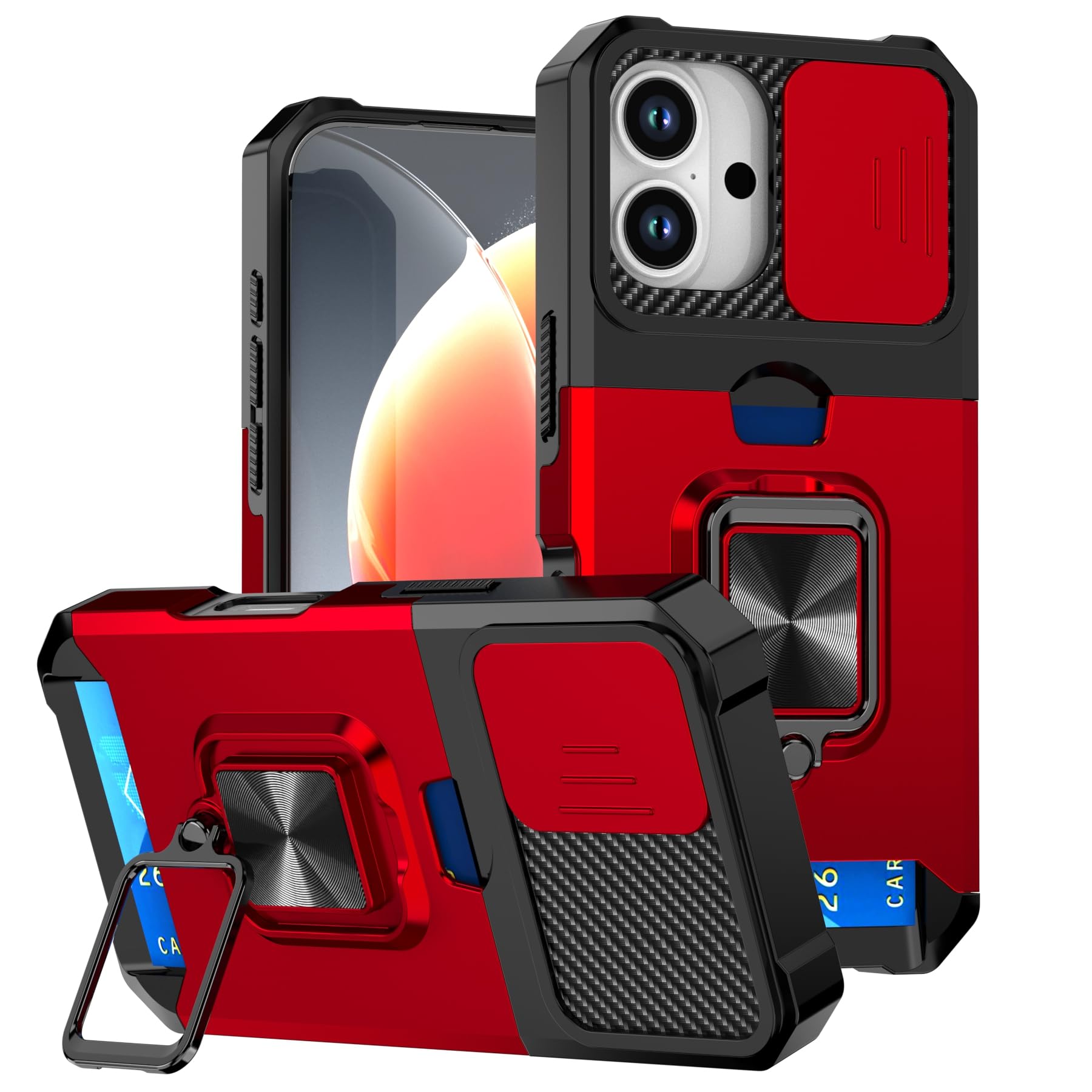 NKECXKJ いphone17 対応 スマホケース + 强化 ガラス フ フィルム 財布型カード収納 横置き機能リング スタンド付き 耐衝撃 Case Cover アイフォン17 いpほね17 アイフォン アイホン17 あいほん17 用ケース 米軍MIL規格 耐衝撃 背面 カバー 6.1インチ (赤)