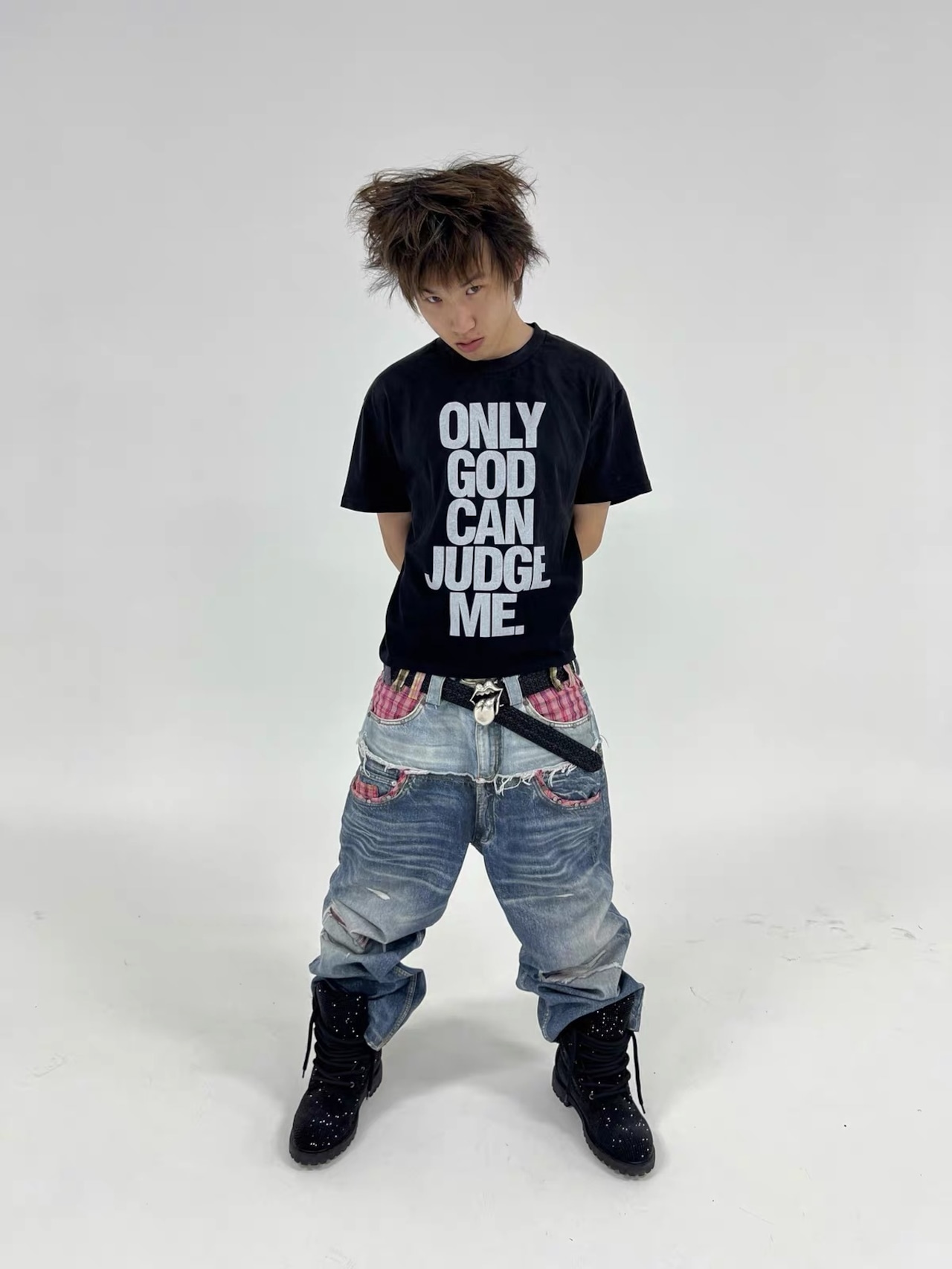 【TecNineGroup】PLAID DOUBLE-WAIST JEANS