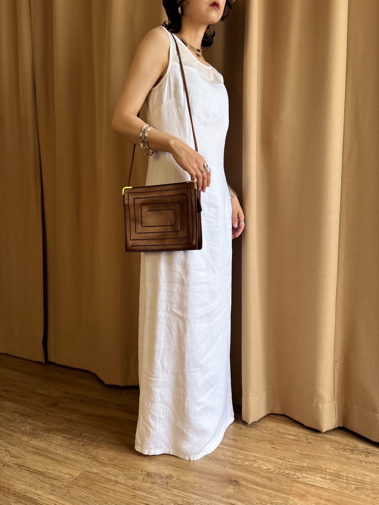 vintage brown leather square shoulder bag-5137-7