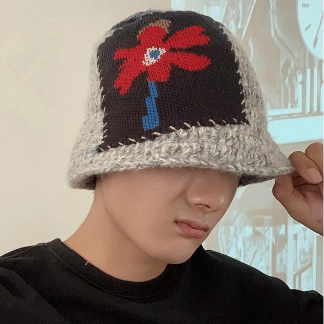 予約販売】ニット帽 メンズ ざっくり編み 花柄 ブラック/グレー/ピンク