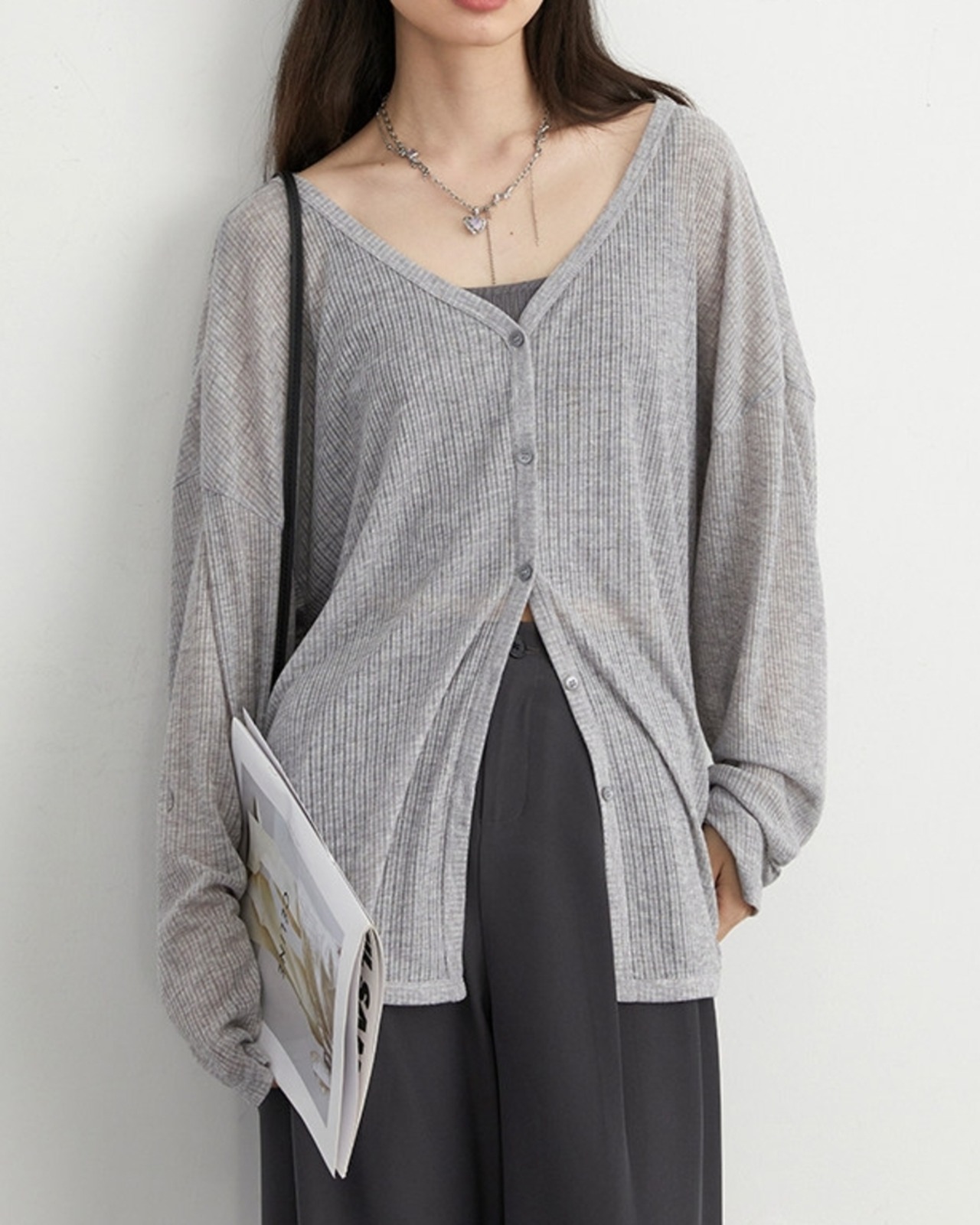 Button front ribbed oversized cardigan L0130