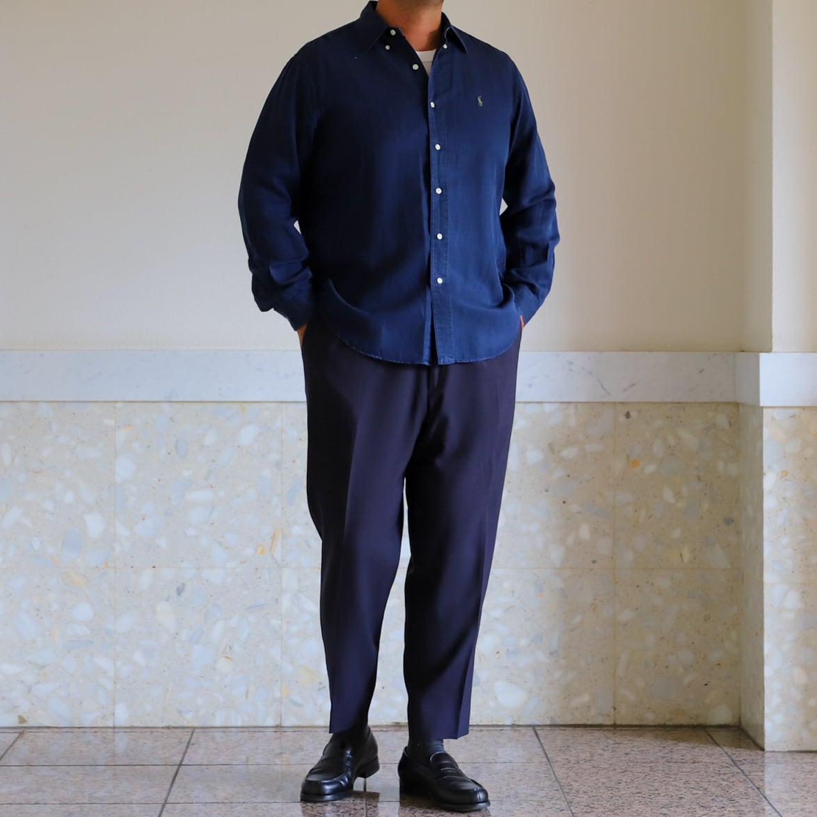 極美品】80s Ralph Lauren special linen silk shirt navy big size 極美品】80s Ralph Lauren special linen silk shirt navy big size