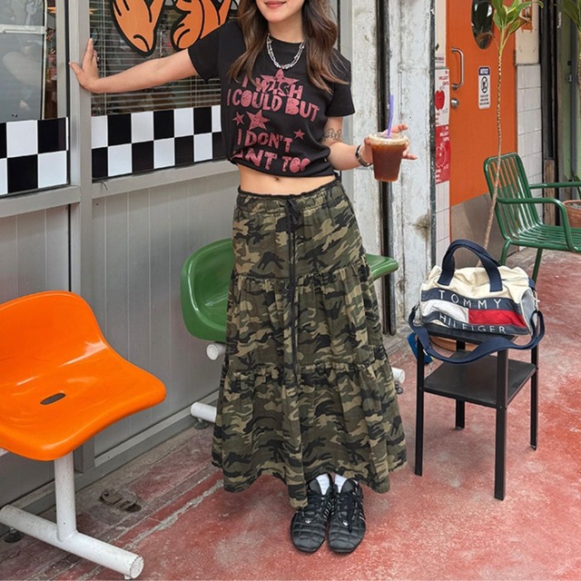 カモフラティアードギャザーAラインスカート   R00613