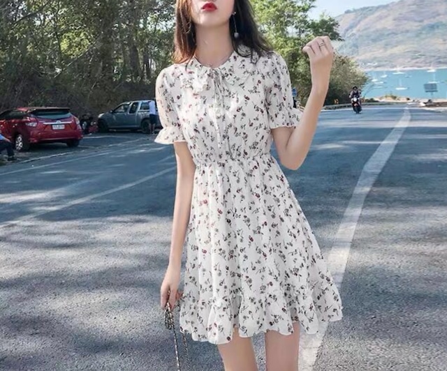 ワンピース 花柄 ホワイト ミニワンピ  かわいい シンプル 春 夏 韓国ファッション 392