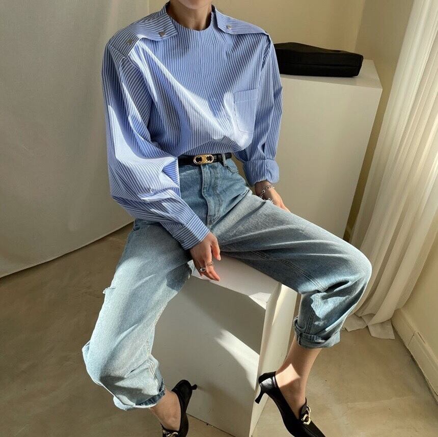 スタンドカラーストライプシャツ レディース トップス 長袖 ストライプ