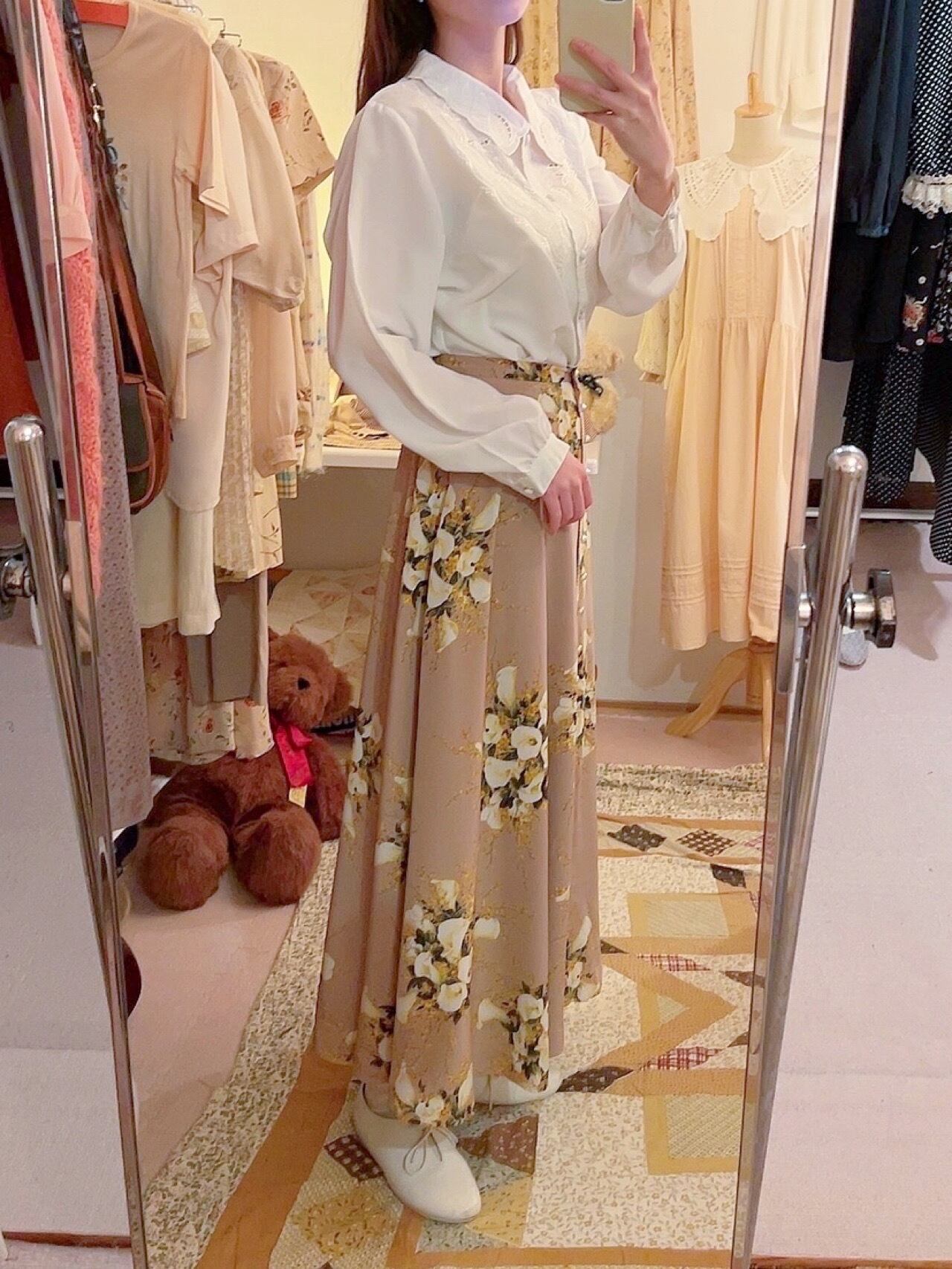 INGEBORG / flower pearl button flare skirt