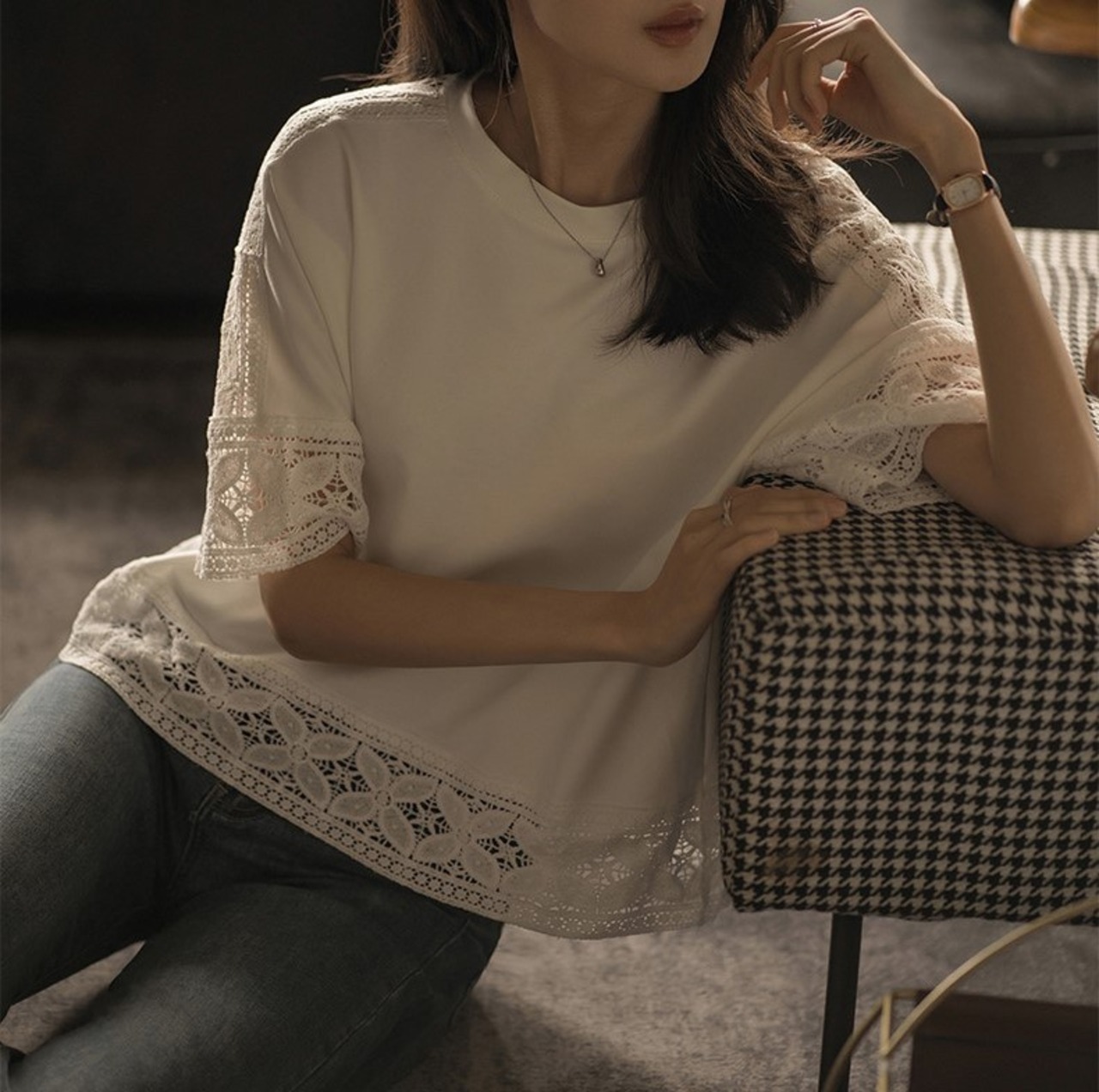 レース切替半袖Tシャツ A01287