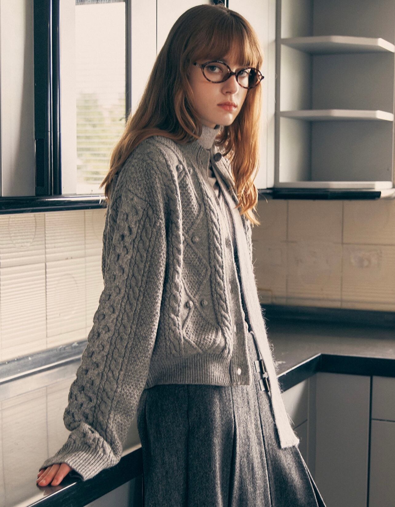 ROLAROLA] WOOL BUTTON CABLE CARDIGAN GRAY 正規品 韓国ブランド 韓国